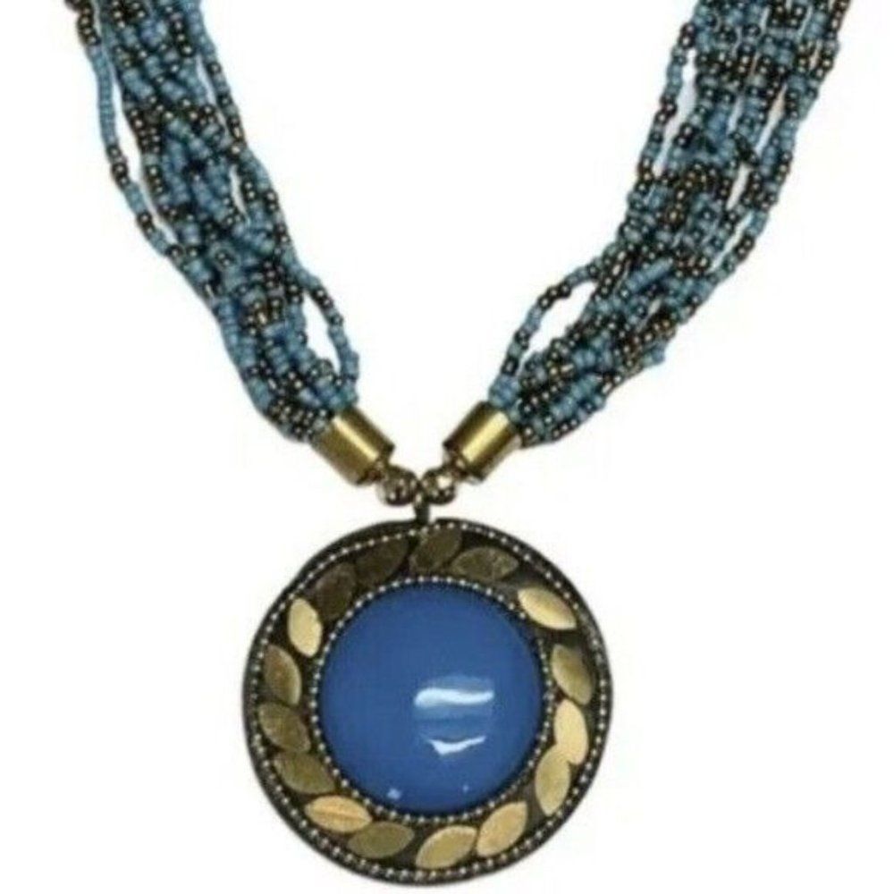 Vintage Turquoise Blue Glass Beaded Tibetan Hammered Brass Pendant Necklace 20”